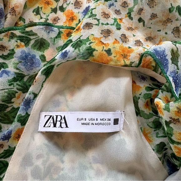 ZARA Floral Chiffon Midi Dress Green Yellow Ruffle Slit Size Small Romantic EUC - Picture 6 of 11